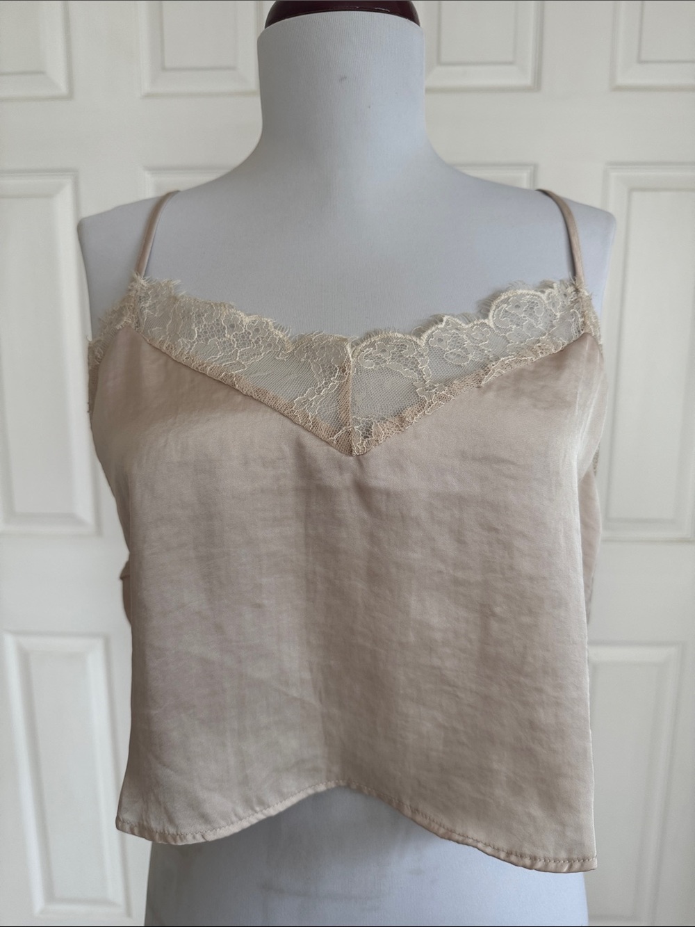 Gorgeous Free People, Lace Trim Silk-Feel Chemise Cami in Beige
